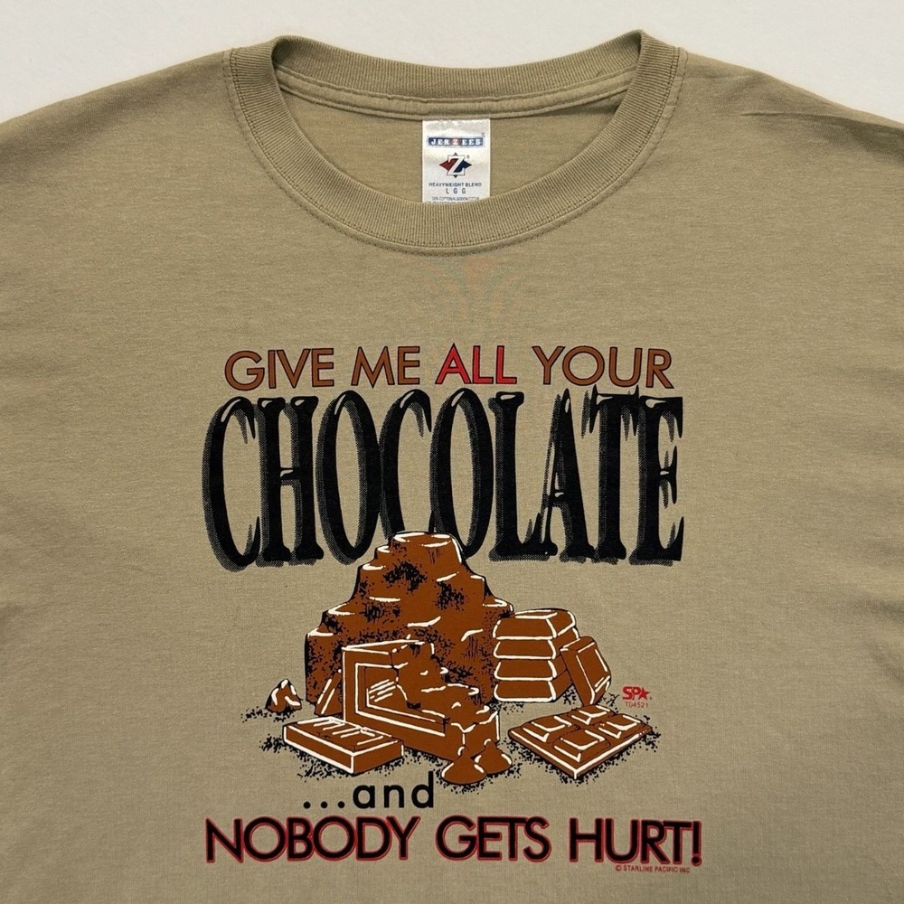Vintage Y2K Jerzees Chocolate Graphic Spell Out T Shirt Sz Large Tan Tee